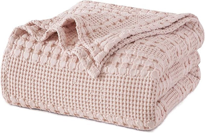 PHF 100% Cotton Waffle Weave Blanket Queen Size for Bed, Soft Lightweight & Breathable for Spring and Summer, All-Season Comfort, Luxury Aesthetic Blanket for Home Decor, 90"x90", Pink/Mauve