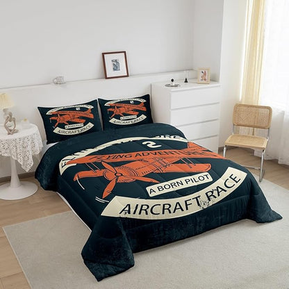Retro Aircraft Twin Size Down Comforter Set,Vintage Airplane Orange Painting Duvet/Quilt Set Soft Bed Collection,Flying Adventure Helicopter Bedding Comforter for Boys Girls Bedroom,2 Pcs
