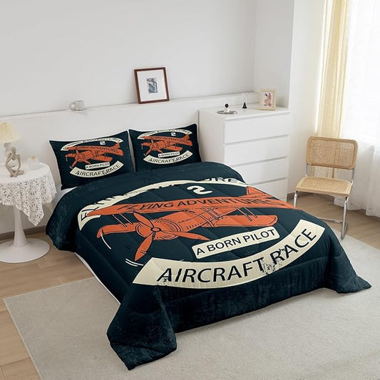 Retro Aircraft Comforter Set King,Vintage Airplane Orange Painting Bedding Set for Boys Girls Teens Bedroom Decor,Flying Adventure Helicopter Quilt Set Super Soft Duvet Set,Gift for Her Him
