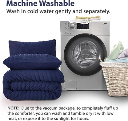 AveLom Navy Blue Seersucker California King Comforter Set (104x96 inches), 3 Pieces-100% Soft Washed Microfiber Lightweight Comforter with 2 Pillowcases, All Season Down Alternative Bedding Set