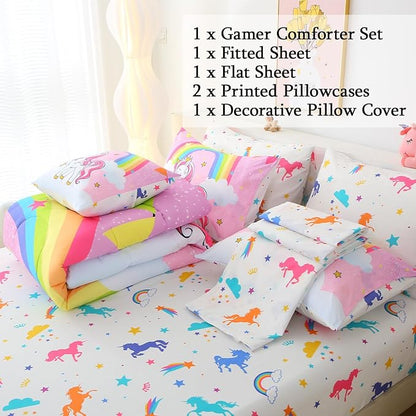 JQinHome Unicorn Twin Bedding Sets for Girls Kids,6 Piece Bed in A Bag 3D Pink Sky Rainbow Clouds Theme Unicorn Comforter Set with Sheet Set(Pink Purple)