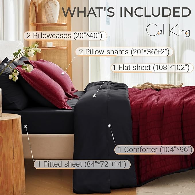 MUXHOMO 7 Pieces California King Comforter Set, Seersucker Bed in a Bag Cal King Size, All Season Luxury Bedding Set with Comforter, Flat Sheet, Fitted Sheet, Pillowcases & Shams, Red & Black