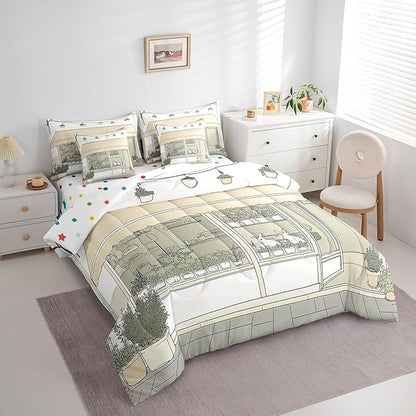 jejeloiu Cute Anime Bedding Set 7Pcs Queen Size Kids Rabbit Japanese Street Comforter Set with Sheets for Boys Girls Bunny Bed in a Bag Soft Lightweight,Microfiber