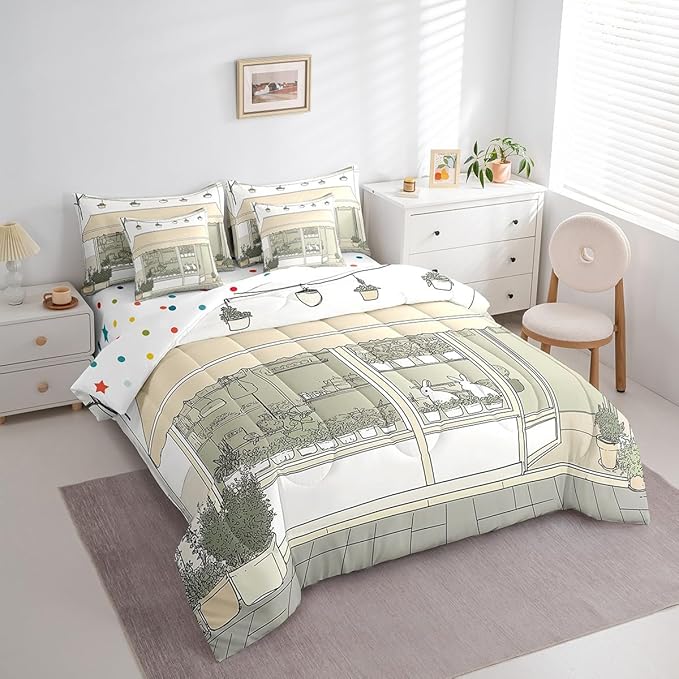 jejeloiu Cute Anime Bedding Set 7Pcs Twin Size Kids Rabbit Japanese Street Comforter Set with Sheets for Boys Girls Bunny Bed in a Bag Soft Lightweight,Microfiber