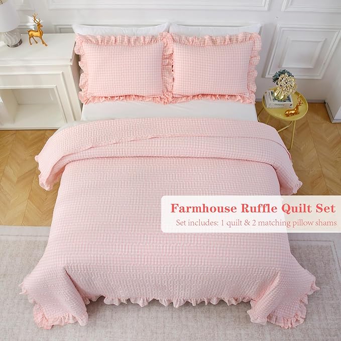 Blush White Ruffle Gingham Quilt Set Queen Size with 2 Pillow Shams, 100% Washed Cotton Yarn-Dyed Quited Bedspread Farmhouse Bedding Set (Blush, Queen) | 100% washed cotton, gingham quilts, ruffles