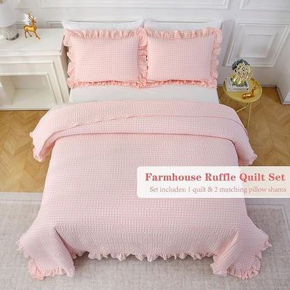 Blush White Ruffle Gingham Quilt Set Queen Size with 2 Pillow Shams, 100% Washed Cotton Yarn-Dyed Quited Bedspread Farmhouse Bedding Set (Blush, Queen) | 100% washed cotton, gingham quilts, ruffles