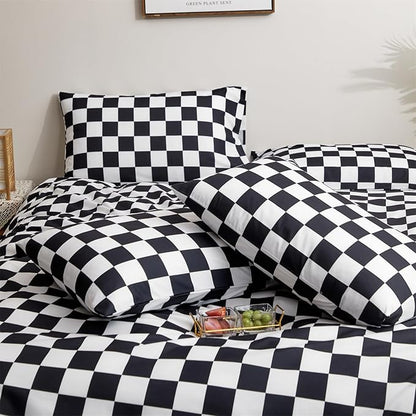 CLOTHKNOW Black White Plaid Comforter Full Size Set Grid Bedding Comforter Sets Soft Checkered Comforter with 2 x Pillow Cases