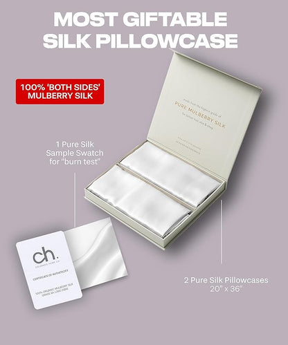 SUNDAYSILKS™ Silk Pillow Cases 2 PACK | 22 Momme Mulberry Silk Pillowcase Set of 2 | Standard Queen, King Size | All Sides 100% Pure Silk Slip Pillowcase Bliss for Women, Men, with Zipper [Pure White]