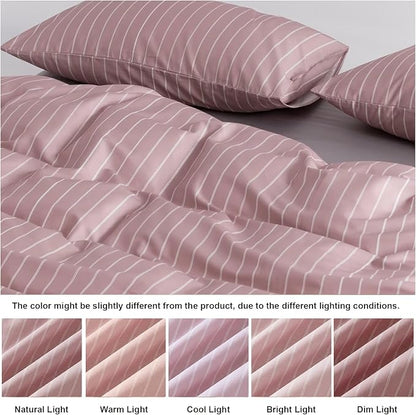 Bedbay Dusty Rose Striped Duvet Cover Set King Size, 100% Cotton Sateen Bedding Set, 300TC Soft Minimal Hotel Style Comforter Cover 3 Pieces for All Seasons