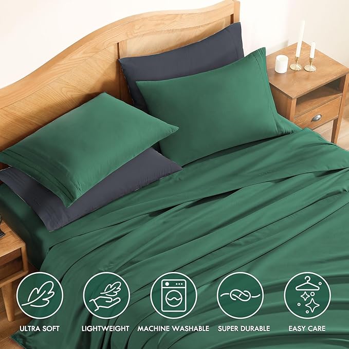 ClevaHome Twin Sheets Set, 3-Piece Twin Size Sheets, Lightweight & Super Soft Easy Care Microfiber– Shrinkage & Fade Resistant Bedding Set with 14'' Deep Pockets (Forest Green)