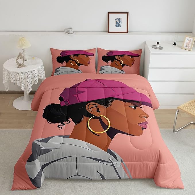 Erosebridal Black Girls Girls Comforter Set Full Size Fashion Black Woman Bedding Set Vogue Fashionable Gorgeous Quilt for Kids Children Women Bedroom Decor African Princess Magical Down Comforter