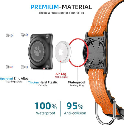 Upgrade Dog Collar with AirTag Holder, IP68 Waterproof, Orange, M | Built-in Water Resistant AirTag holder, 1000D Nylon, Reflective Stitching for Night Visibility, Soft padding for Comfort