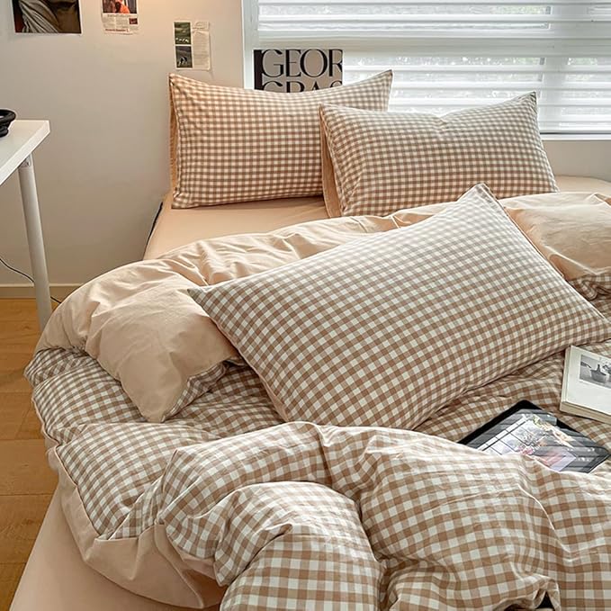 Nayoroom Brown Gingham Duvet Cover Queen Size 100% Washed Cotton Duvet Cover 3 Pieces Soft Breathable Yarn-Dyed Plaid Checkered Girls Dorm Bedding Set for All Seasons