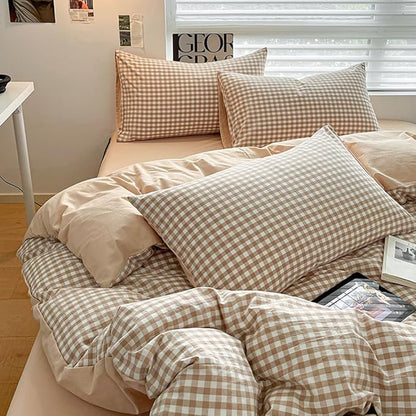 Nayoroom Brown Gingham Duvet Cover Queen Size 100% Washed Cotton Duvet Cover 3 Pieces Soft Breathable Yarn-Dyed Plaid Checkered Girls Dorm Bedding Set for All Seasons