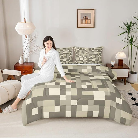 Pixelated Miners Blocks Kids Bedding Set King Size,Patchwork Square Video Games Comforter Set,Geometric Patchwork Grid Quilt Comforter,Light Gray Bedroom Duvet Insert,2 Pillowcases