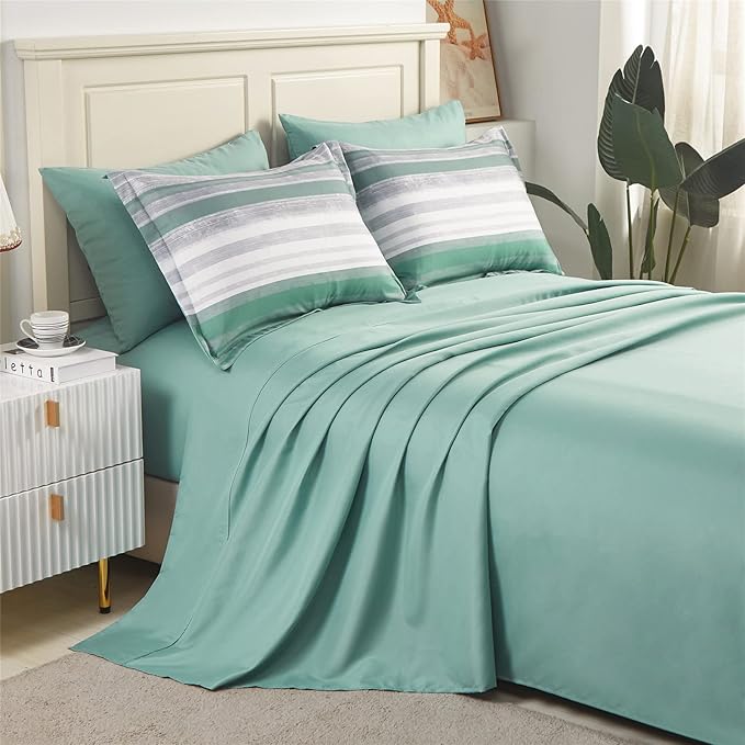KAKIJUMN 7 Piece Bed in a Bag Stripe Comforter Set Full Size, White Grey Sage Green Patchwork Striped Comforter and Sheet Set, All Season Soft Microfiber Complete Bedding Set(Green,Full)