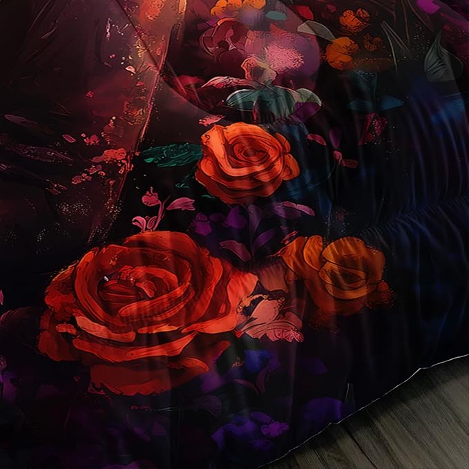Skull Printed Comforter Set Full Size,Skeleton Couple Embrace Bedding Romantic Flower Comforter Set for Kids Girls Room Decor,Artistic Aesthetics Bedding Set with 2 Pillowcases.