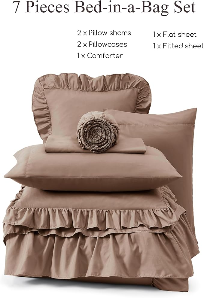 Queen Comforter Set Amber Brown, Ruffle Shabby Chic Bedding Set Farmhouse 7 Pieces, All Season Fluffy Bed in a Bag with Sheets, Pillowcases & Shams