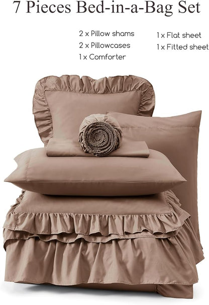 Full Comforter Set Amber Brown, Ruffle Shabby Chic Bedding Set Farmhouse 7 Pieces, All Season Fluffy Bed in a Bag with Sheets, Pillowcases & Shams