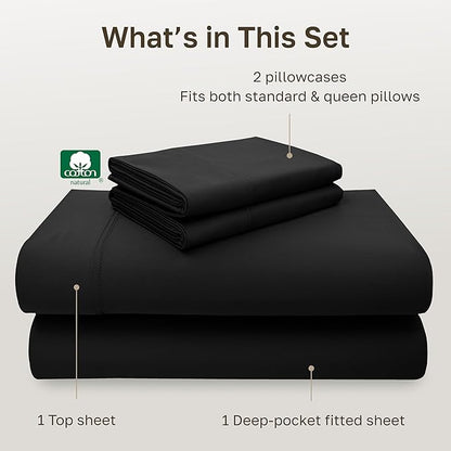 California Design Den Full Sheet Set - Luxury 600 Thread Count Sateen, Natural 100% Cotton Bed Sheets, Fully Elasticized Deep Pockets, Crisp, Cool and Durable Hotel Quality Bedding - Black