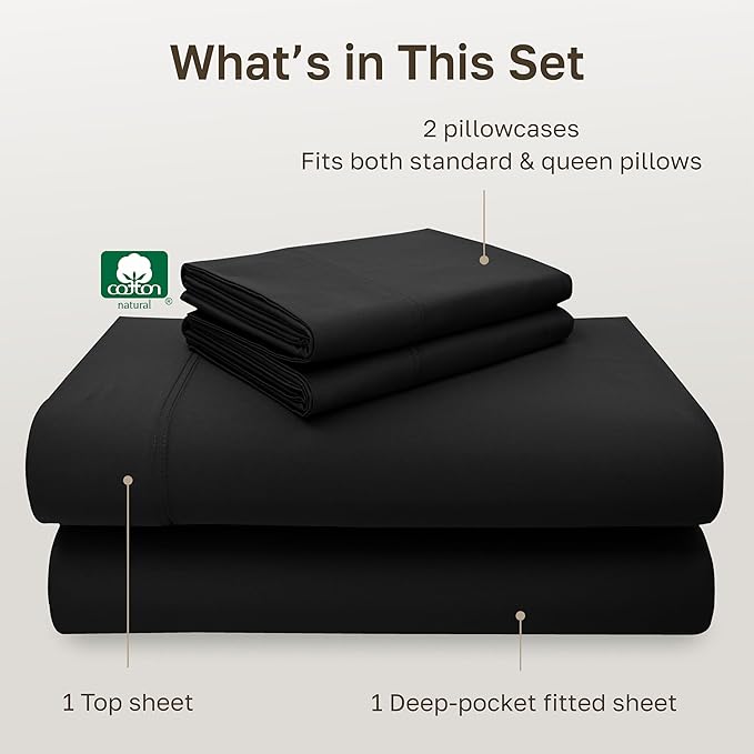 California Design Den Queen Sheet Set - Luxury 600 Thread Count Sateen, Natural 100% Cotton Sheets Queen, Fully Elasticized Deep Pockets, Crisp, Cool and Durable Hotel Quality Bedding - Black