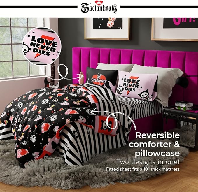 Skelanimals Bedding 7 Piece Full Bed Set, Soft Checkered Comforter and Sheet Set with Sham, Kit The Cat, (Officially Licensed Product) by Franco Collectibles