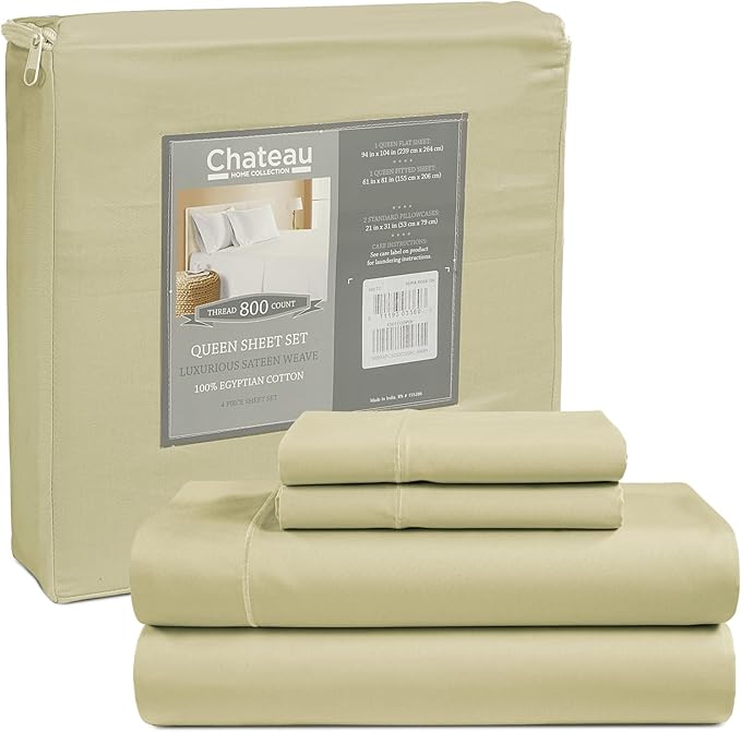 100% Cotton Bed Sheets Queen Size Bed Set, 800 Thread Count 15" Deep Pocket Queen Sheet Set, No lint Soft Breathable Sateen Weave 4-Piece Egyptian Cotton Sheets, Machine Washable - Seafoam