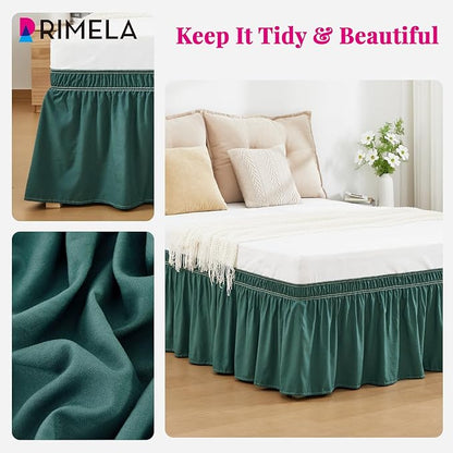 RIMELA Emerald Green Bed Skirt Queen Size 15 Inch Drop, Wrap Around Elastic Bedskirt, Dust Ruffle for Adjustable Bed Base Machine Washable Easy to Install Bed Skirts,Christmas Bedroom Decor
