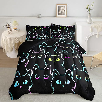 Axolotl Kids Bedding Cartoon Cat Comforter Set Twin Size,Gradient Line Cute Cat Bedding Set for Teens Boys Girls Adults Room Decor,Kids Comforter Set All Season,1 Comforter 2 Pillow Cases,Black