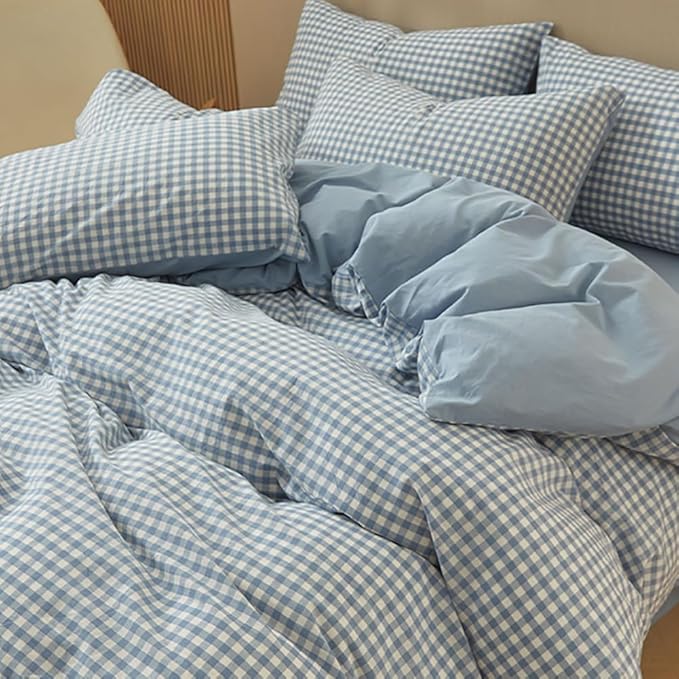 Nayoroom Blue Gingham Duvet Cover Queen Size 100% Washed Cotton Duvet Cover 3 Pieces Soft Breathable Yarn-Dyed Plaid Checkered Girls Dorm Bedding Set for All Seasons