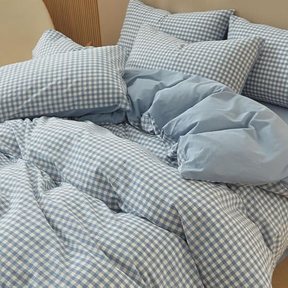 Nayoroom Blue Gingham Duvet Cover Queen Size 100% Washed Cotton Duvet Cover 3 Pieces Soft Breathable Yarn-Dyed Plaid Checkered Girls Dorm Bedding Set for All Seasons