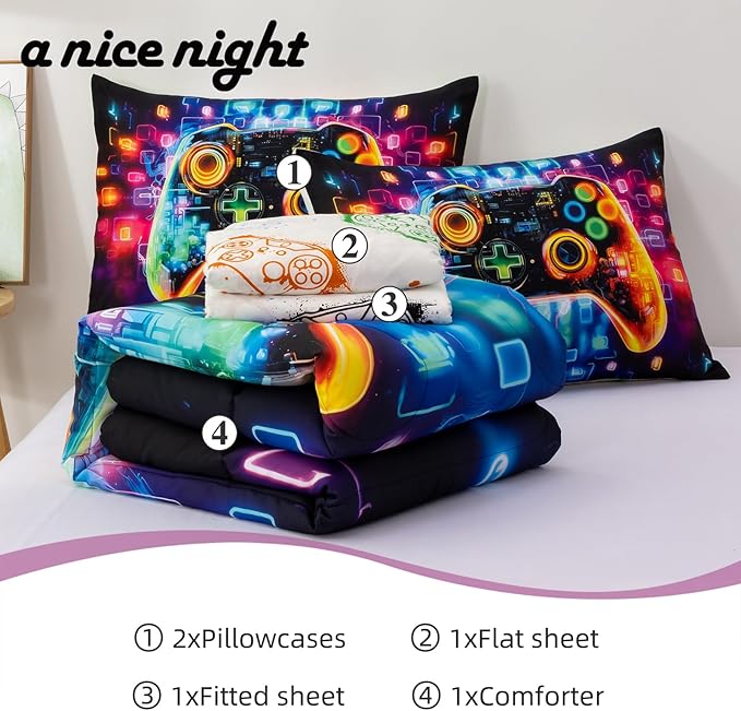 A Nice Night 5PC Game Console Comforter Set for Boys Girls Kids,Space Universe Gaming Like Rhythmic Music Style Lightweight Gamer Bedding,Twin