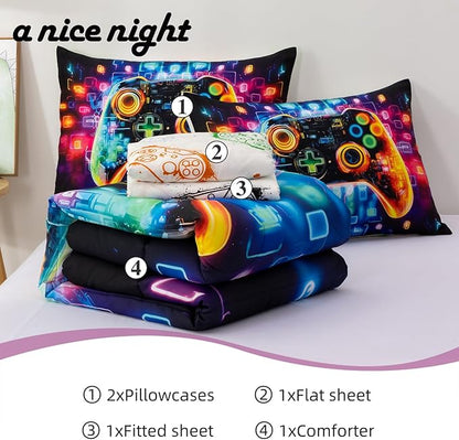 A Nice Night 5PC Game Console Comforter Set for Boys Girls Kids,Space Universe Gaming Like Rhythmic Music Style Lightweight Gamer Bedding,Twin