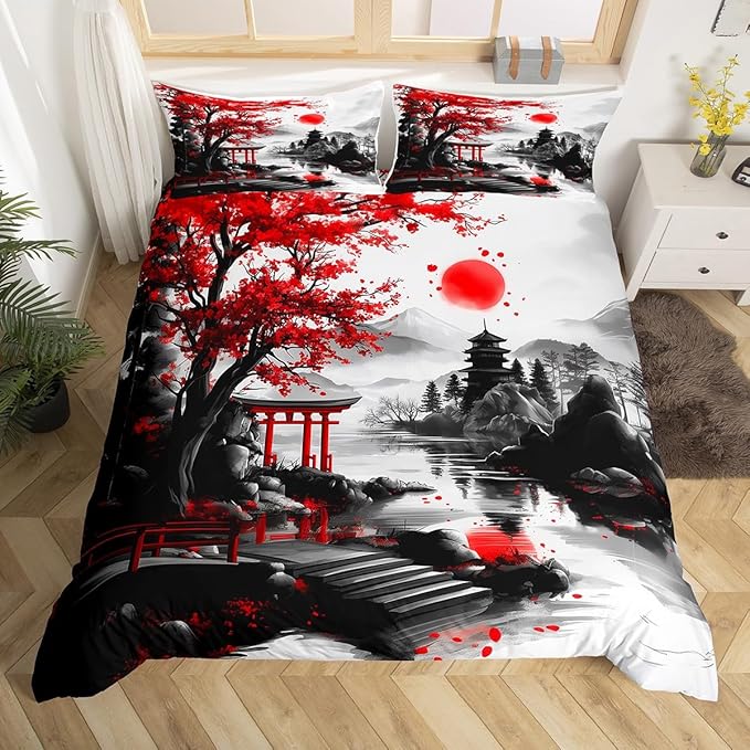 Feelyou Japanese Style Bedding Set Toddle Size Cherry Blossom Duvet Cover for Adult Kids Boys Girls Watercolor Comforter Cover Set Natural Landscape Bedspread Cover 2Pcs Zipper