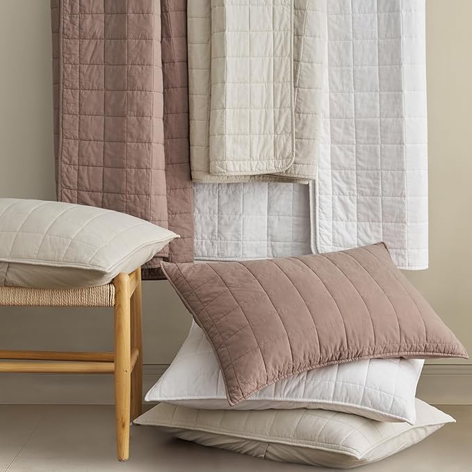 EVERGRACEHOME 100% Cotton Box Stitch Quilt Bedding Set King Size 3 Pieces, Garment-Washed Lightweight Soft Cozy Coverlet, Oversized Quilted Bedspread Sets with 2 Shams for All Season, Clay