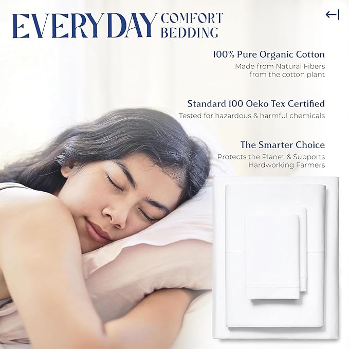 Mayfair Linen 100% Organic Cotton Percale Sheets Queen Size Pack or 2 - Soft & Crisp Organic Cotton Sheets Queen Size (8 PC, White), Fully Elasticized Eco Friendly Naturally Cooling Percale Sheet Set