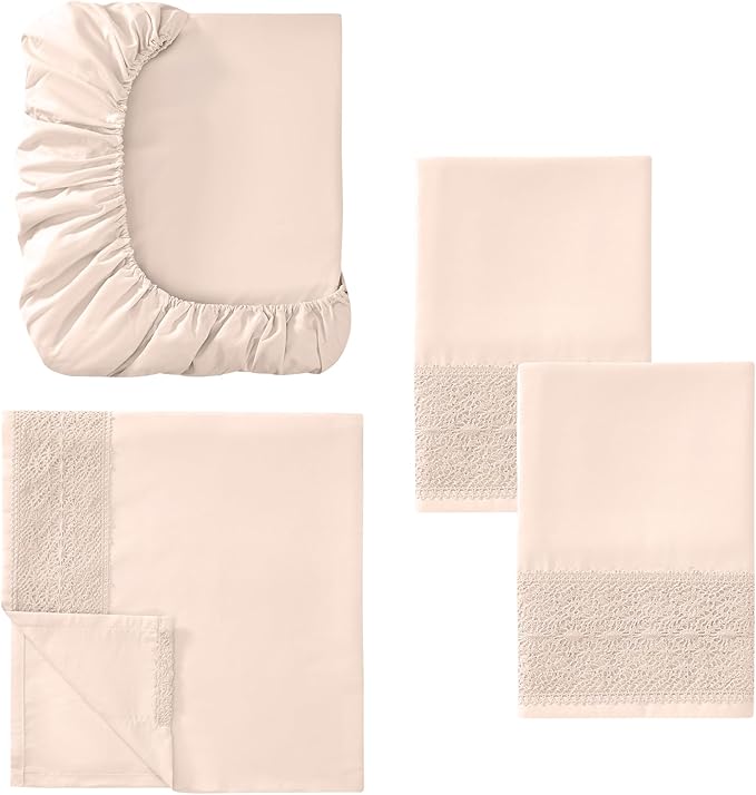 Modern Threads 4 Piece Microfiber Sheet Set – Soft Cooling Bed Sheets with Crochet Lace – Deep Pocket, Wrinkle Free, Breathable, Hotel Luxury Bedding, Blush Pink, Full