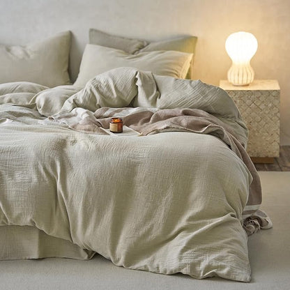 EAVD Soft 100% Muslin Cotton Duvet Cover King Solid Beige Duvet Cover with Zipper Closure Lightweight Linen Like Guaze Textured Comforter Cover with 2 Pillowcases Modern Solid Bedding Set