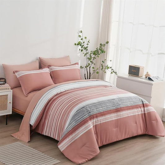 KAKIJUMN 7 Piece Bed in a Bag Stripe Comforter Set King Size, White Grey Blush Pink Patchwork Striped Comforter and Sheet Set, All Season Soft Microfiber Complete Bedding Sets(Pink,King)