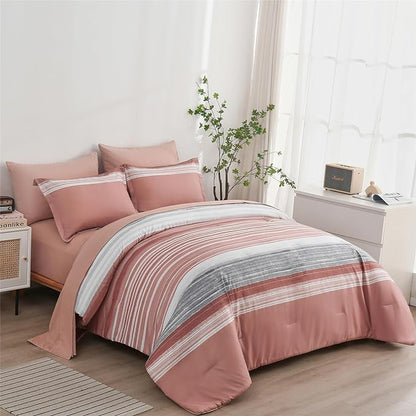 KAKIJUMN 7 Piece Bed in a Bag Stripe Comforter Set Full Size, White Grey Blush Pink Patchwork Striped Comforter and Sheet Set, All Season Soft Microfiber Complete Bedding Sets(Pink,Full)