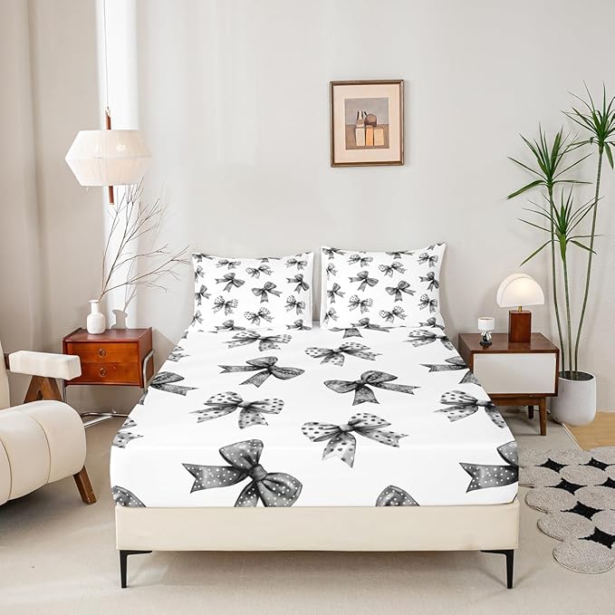 Erosebridal Bow Sheets for Boys Girls Ribbon Black Bow Fitted Sheet,Coquette Bowknot with Dots Kids Bedding Sets Dreamy Princess Bowtie Bed Sets Full 3 Piece