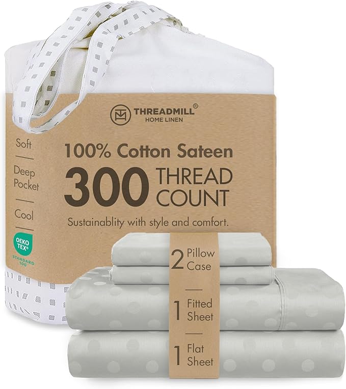 Threadmill 100% Cotton Sheets for King Size Bed | 4 Pc King Bed Sheets Set | Soft, Breathable Lightweight Damask Sateen for All-Season Use | Snug Fit Elastic Deep Pocket King Sheets | Light Grey
