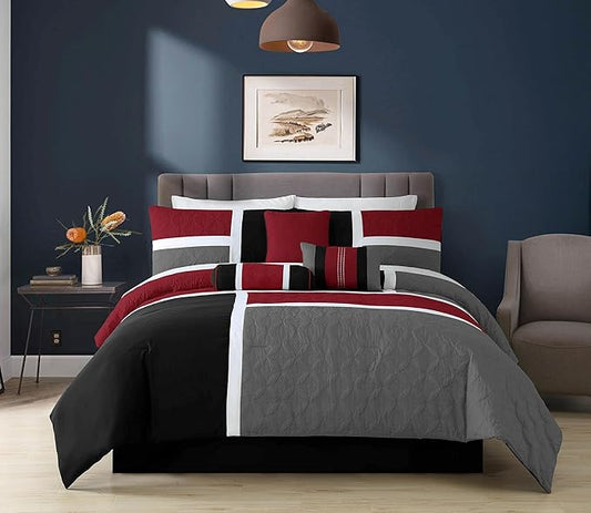 Chezmoi Collection 7-Piece Quilted Patchwork Comforter Set, Red/Gray/Black, King