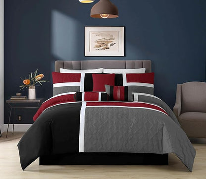 Chezmoi Collection 7-Piece Quilted Patchwork Comforter Set, Red/Gray/Black, Full