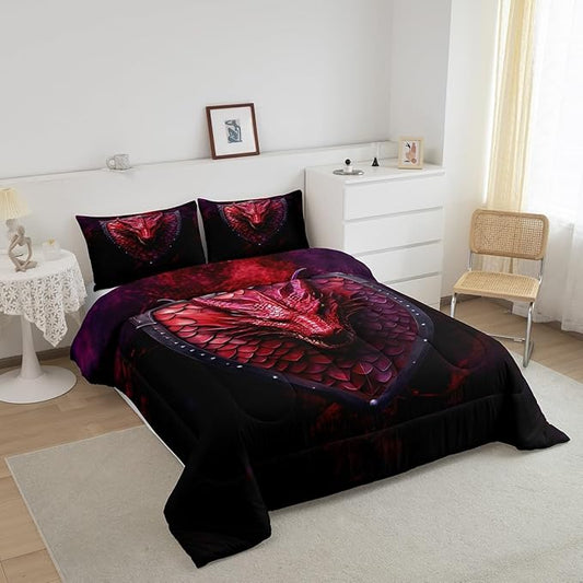 Castle Fairy Dragon Bedding Set for Boys Girls,3D Wildlife Animals Scales All Season Cozy Comforter Set Full Size,Western Fierce Animals Duvet Set Bedroom Decor,Personalized Birthday Gifts