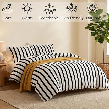 Bedbay Striped Comforter Set Fluffy Fleece King Size Comforter Set Black White Striped Bedding 3 Pcs Ultra Soft Plush Flannel Velvet Fuzzy Bedding Set Stripes Pattern Queen Bed Set for All Seasons