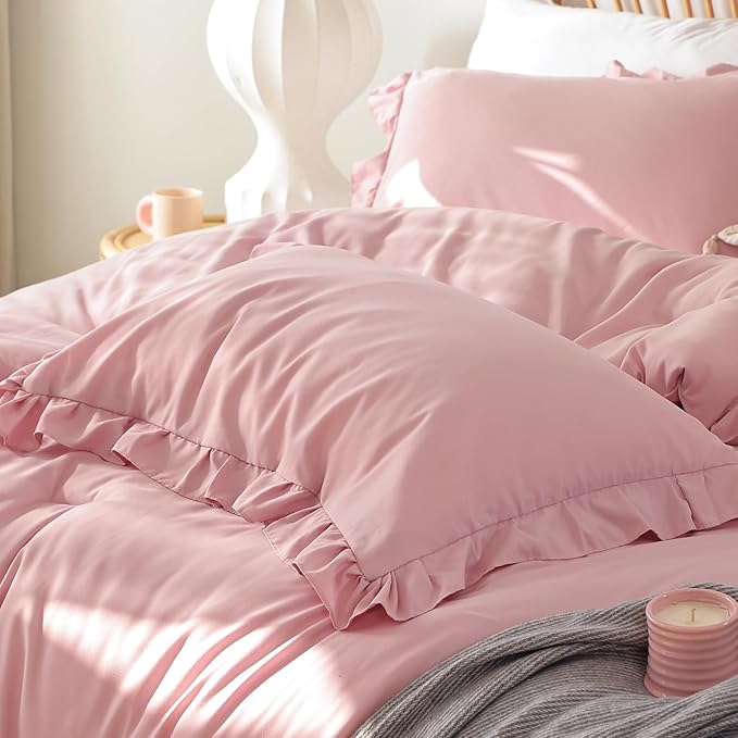 JANZAA Queen Comforter Set Baby Pink Ruffle Comforter with 2 Pillowcase Soft Queen Size Bed Set Vintage Farmhouse Bed Comforter Set Fluffy Shabby Chic Bedding for All Season