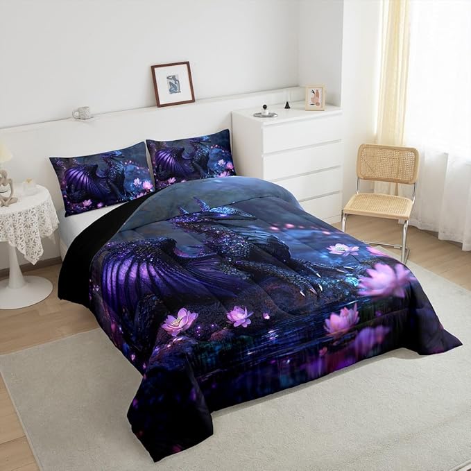 Feelyou Dragon Comforter Set Toddler Size Dragon Stuff Comforter for Boys Girls Teens Wild Life Bedding Set Flower Duvet Set Room Decor Black Purple Quilt Set