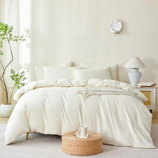 Comforter Set Queen Size Striped Soft Luxury Washed Microfiber Jacquard 3 Pieces Bedding, White Beige Vertical Ticking Stripes Comforter with 2 Pillowcases Breathable Durable Comfy