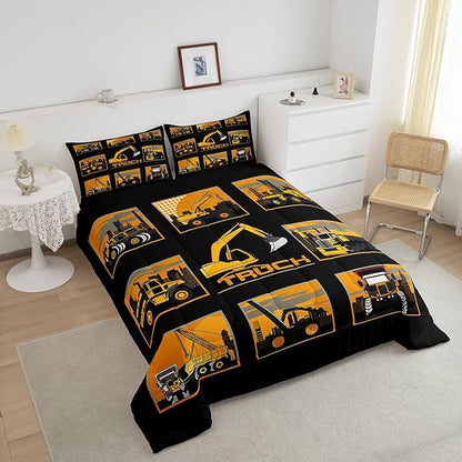 Erosebridal Excavator Comforter Set Queen Tractor Truck Bedding Set Construction Vehicle Down Comforter for Boys Kids Girls Teens Cartoon Heavy Machinery Car Bedding Sets & Collections, Gray Yellow